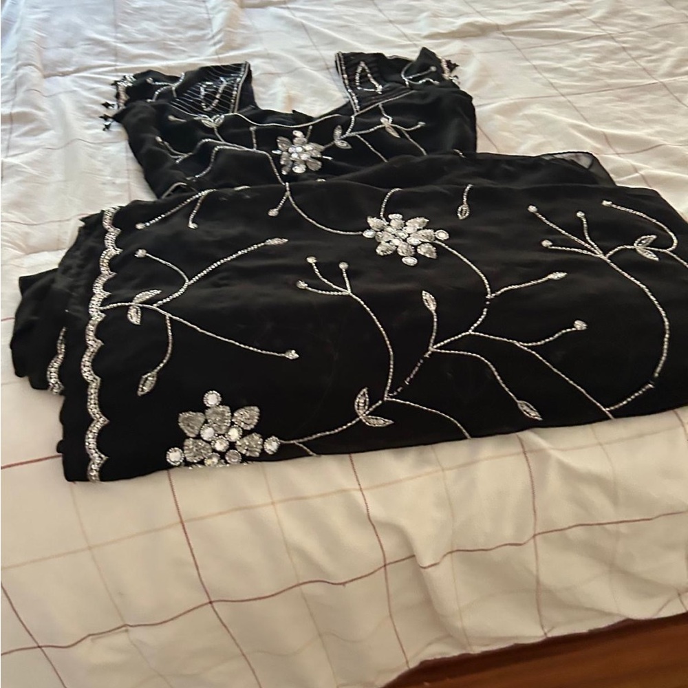 Elegant Modern Black Sari with Silver Floral Embroidery